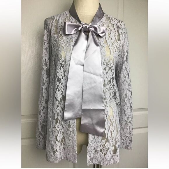 J. Peterman Satin Bow Necktie Open Front Silver Gray Lace Jacket Topper size 14 - Picture 1 of 7